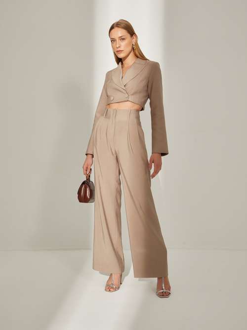 Shitake Cropped Blazer and Pants Suit Set in Beige by Spring