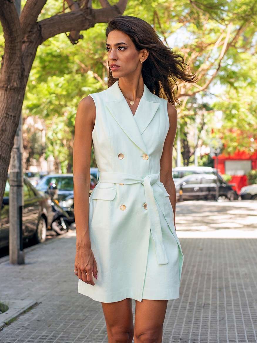 PIPP | Sleeveless Linen Blazer Dress with Belt in Mint Green by ZED PIPP | Sleeveless Linen Blazer Dress with Belt in Mint Green by ZED