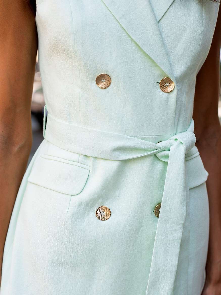 PIPP | Sleeveless Linen Blazer Dress with Belt in Mint Green by ZED PIPP | Sleeveless Linen Blazer Dress with Belt in Mint Green by ZED