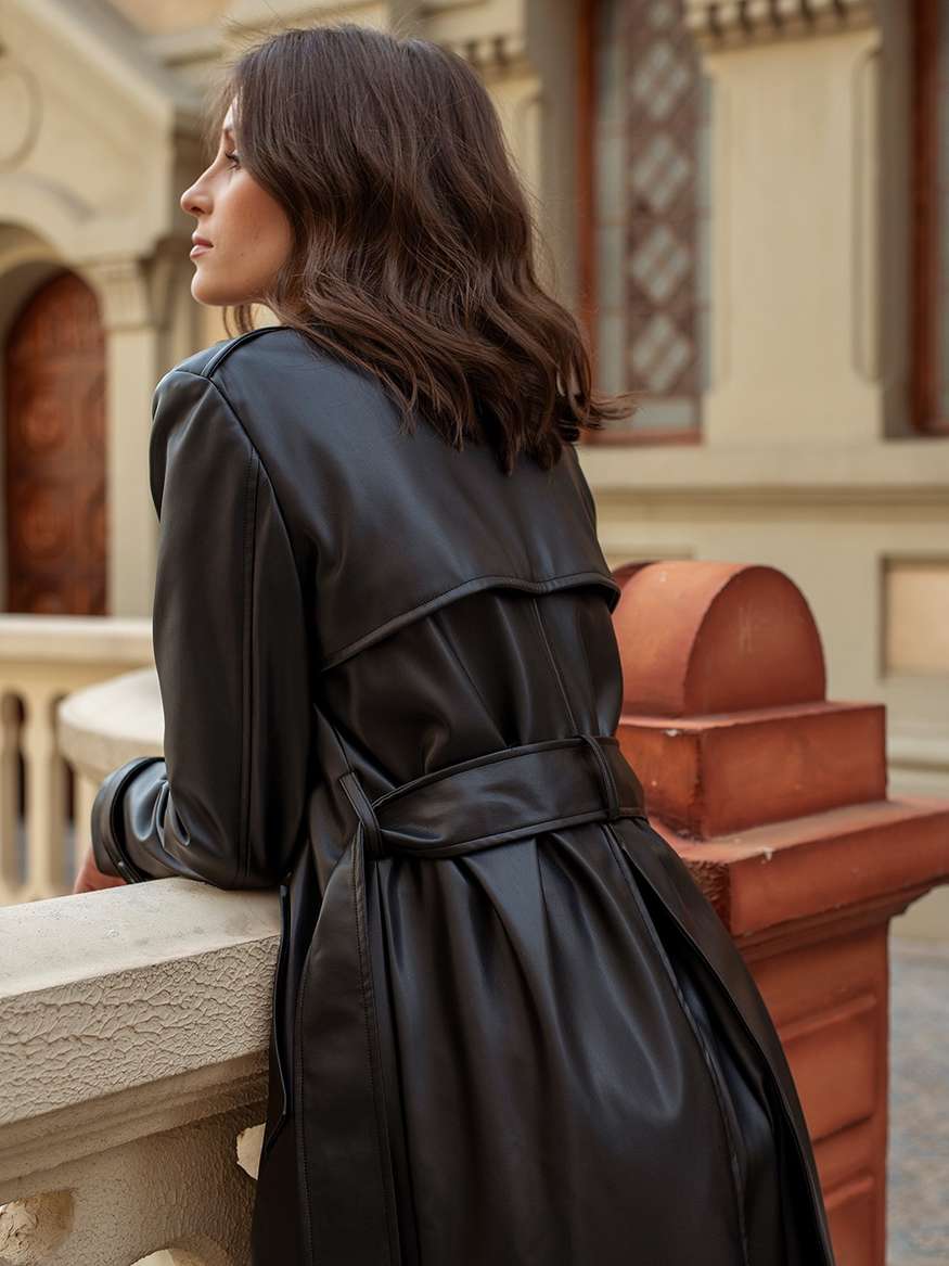 ジャケット・アウター FAUX LEATHER TRENCH JACKET Gimme A Clue Faux Leather Trench Coat - Black | Fashion Nova