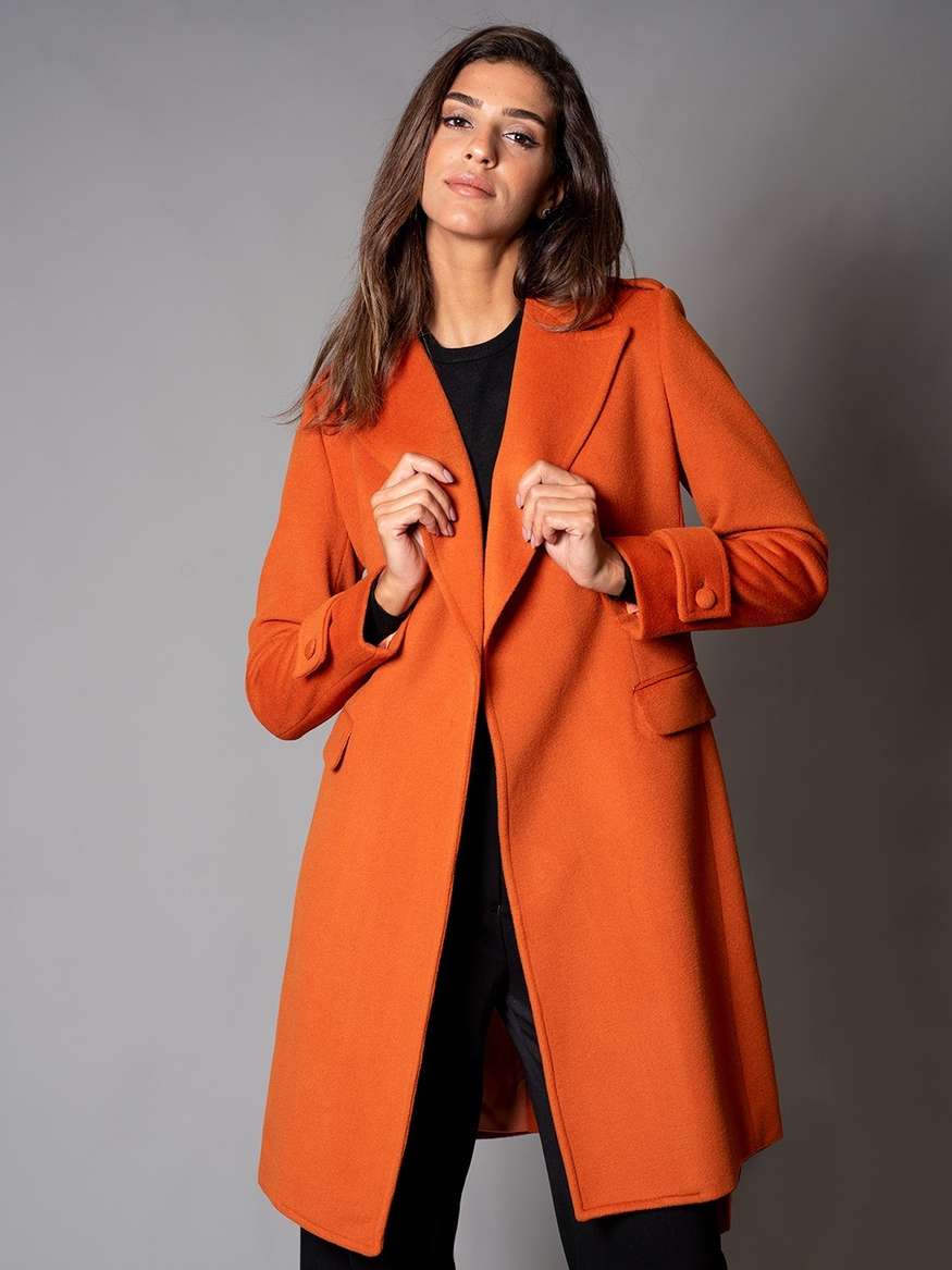 Single Breasted Long Coat In Burnt Orange by ZED LEMONADE FASHION