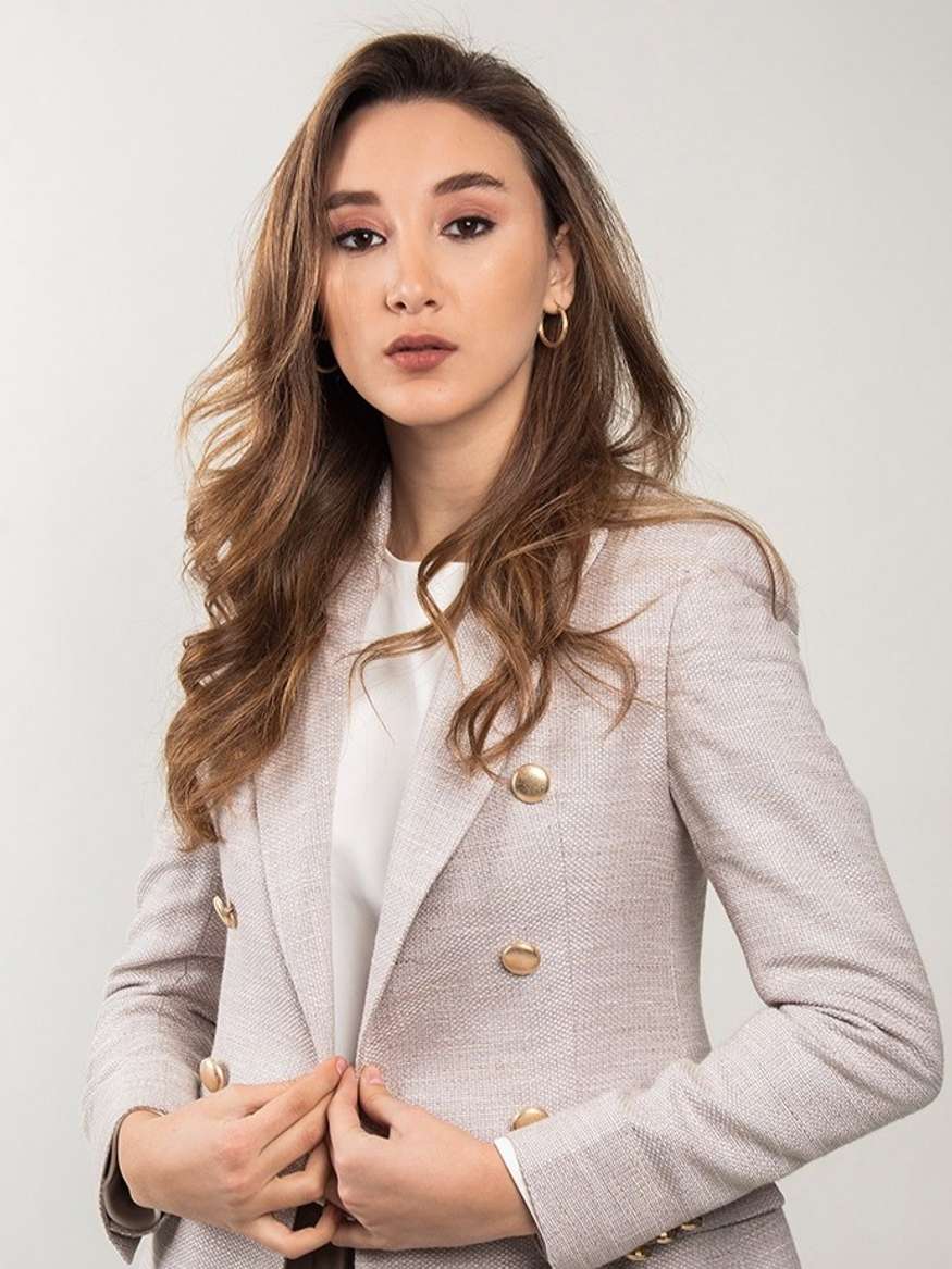 Beige Double Breasted Textured Tailored Blazer