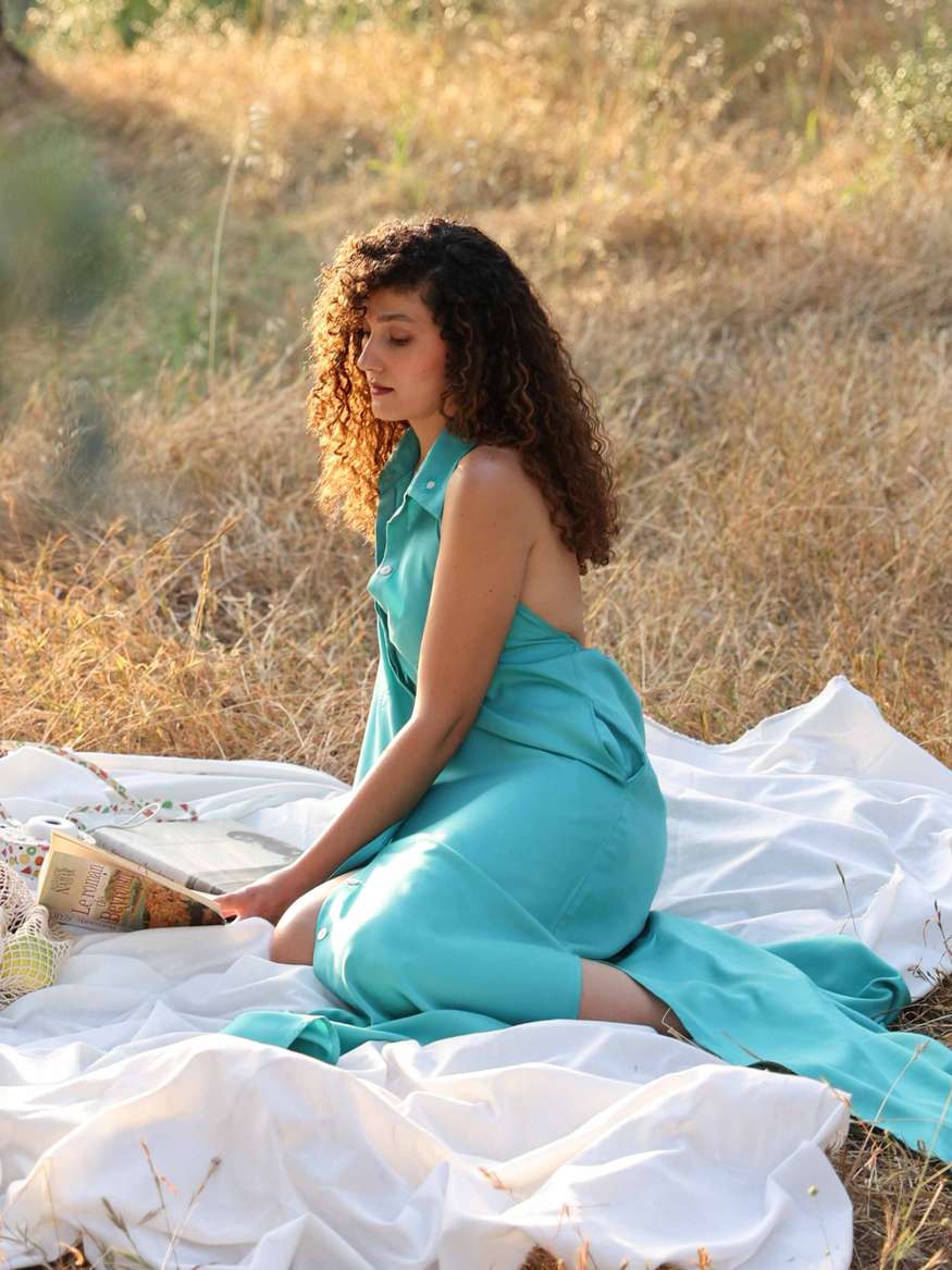 cyan blue dress Cyan Blue Twist Front Off Shoulder Gown